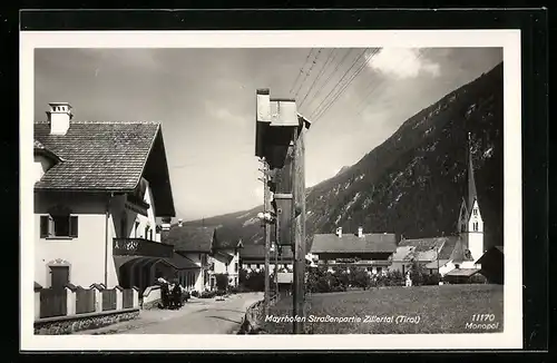 AK Mayrhofen, Strassenpartie Zillertal mit Kirche