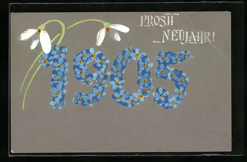 Künstler-AK Handgemalt: Neujahrsgruss 1905 mit Vergissmeinnicht und Schneeglöckchen