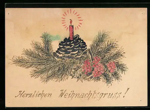 Künstler-AK Handgemalt: Weihnachtsgruss mit Kerze auf Tannenzweig