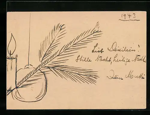 Künstler-AK Handgemalt: Weihnachtsgruss mit Kerze und Christbaumschmuck