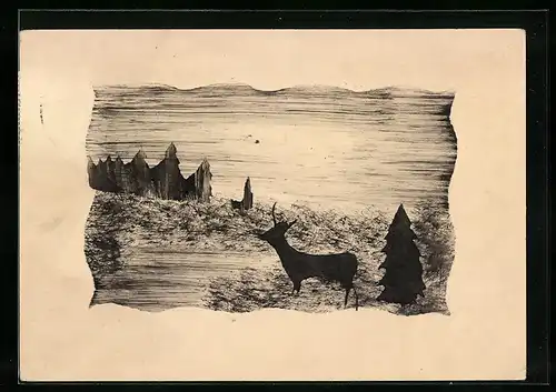 Künstler-AK Handgemalt: Hirsch am abendlichen Waldrand