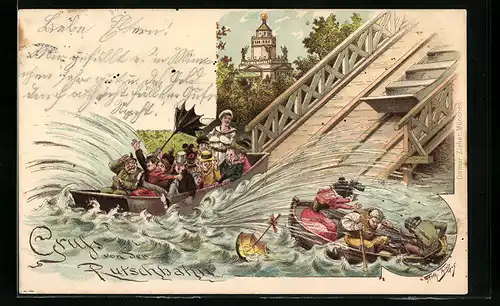 Künstler-AK Arthur Thiele: Rutschbahn und Boote, Volksfest