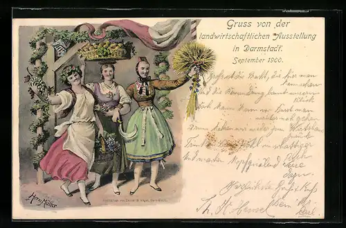 Lithographie Darmstadt, Landwirtschaftliche Ausstellung 1900, Damen in Tracht, Obstkorb
