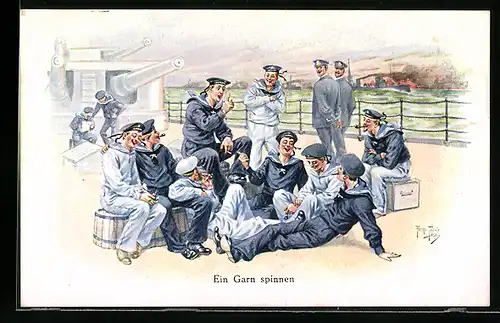 Künstler-AK Arthur Thiele: Matrosen an Bord beim Garn spinnen