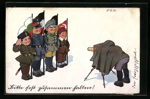 Künstler-AK P. O. Engelhard (P.O.E.): Bitte fest zusammenhalten, Vierbund-Soldaten mit ihren Fahnen
