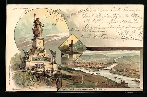 Künstler-AK Willy Stoewer: Bingen, Niederwalddenkmal, Mäusethurm, Panorama