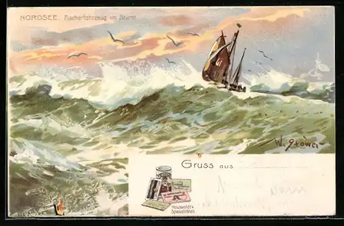 Künstler-AK Willy Stoewer: Fischerfahrzeug im Sturm auf der Nordsee, Reklame für Hauswaldt`s Kakao