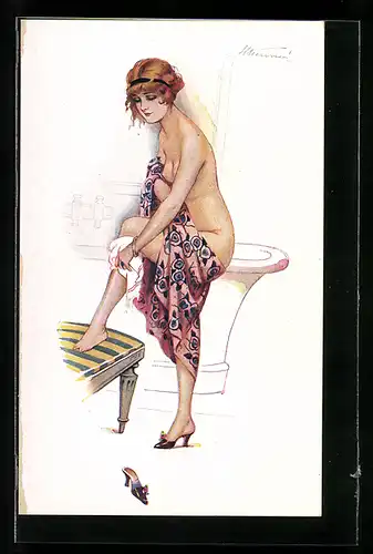 Künstler-AK Suzanne Meunier: Hübsche Maid bei der Körperpflege, Le bain de la Parisienne