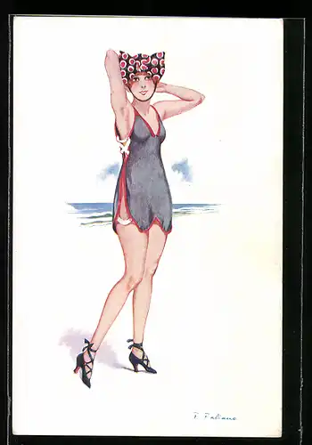 Künstler-AK Fabien Fabiano: Frau am Strand mit Schleife