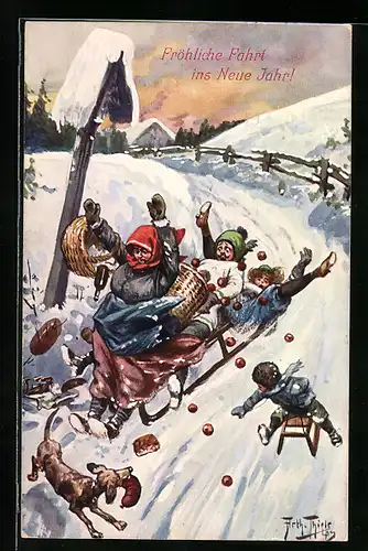 Künstler-AK Arthur Thiele: Familie verliert beim Rodeln die Äpfel aus dem Korb