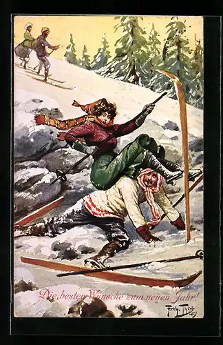 Künstler-AK Arthur Thiele: Frau überfährt einen Mann mit ihren Skiern