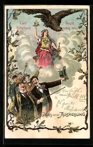 Künstler-Lithographie Arthur Thiele: Gruss von der Aushebung, Lieb` Vaterland magst ruhig sein!