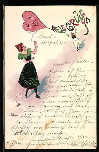 Künstler-AK Hans Starcke: Harlekin folgt einer Schönen mit Herz-Ballon