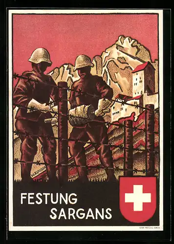 AK Sargans, Festung Sargans, Soldaten errichten Stacheldrahtsperren 1939 /41