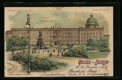 Lithographie Berlin, Königliches Schloss, Halt gegen das Licht: beleuchtete Fenster und Mond