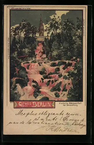 Lithographie Berlin-Kreuzberg, Victoria-Wasserfall bei Beleuchtung, Halt gegen das Licht