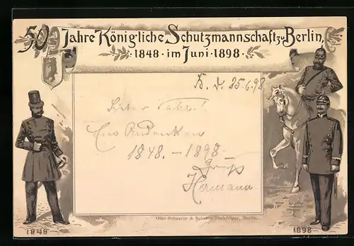 Lithographie Berlin, Festpostkarte, 50 Jahre Königliche Schutzmannschaft, Juni 1848-1898, Polizeiuniformen