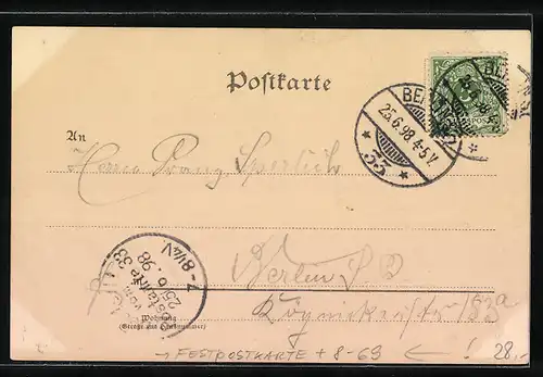 Lithographie Berlin, Festpostkarte, 50 Jahre Königliche Schutzmannschaft, Juni 1848-1898, Polizeiuniformen