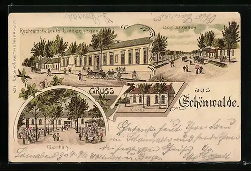 Lithographie Schönwalde, Restaurant Louis Liebenhagen, Dorfstrasse, Garten und Kirche