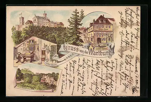 Vorläufer-Lithographie Wartburg, 1890, Luther-Haus, Luther-Stube und Fritz Reuters Villa