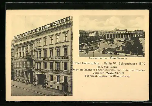 AK Berlin, Hotel Hohenzollern, Behrenstrasse 18 /19, Inh. Carl Meier, Lustgarten, Altes Museum