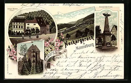 Lithographie Neckargerach, Hotel Krone, Minneburg, Kriegerdenkmal