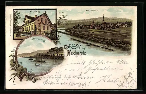 Lithographie Neckarelz, Pension Kling, Schloss Neuburg, Totalansicht