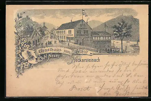 Lithographie Neckarsteinach, Gasthaus zum Schiff von H. Neuer