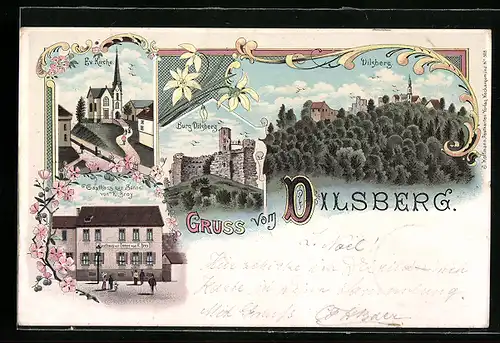Lithographie Dilsberg, Gasthaus zur Sonne v. K. Broy, Ev. Kirche, Burg Dilsberg