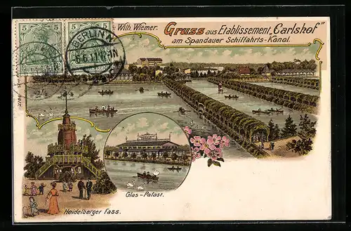 Lithographie Berlin-Charlottenburg, Etablissement Carlshof, Glas-Palast, Heidelberger Fass