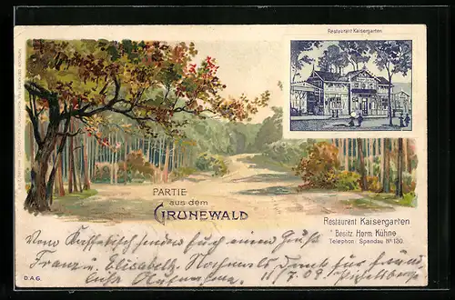 Lithographie Grunewald, Schildhorn-Restaurant, Bes. A. Schröder, Partie aus dem Grunewald