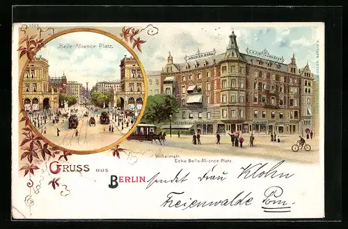 Lithographie Berlin, Strassenbahn Wilhelmstrasse Ecke Belle-Alliance-Platz