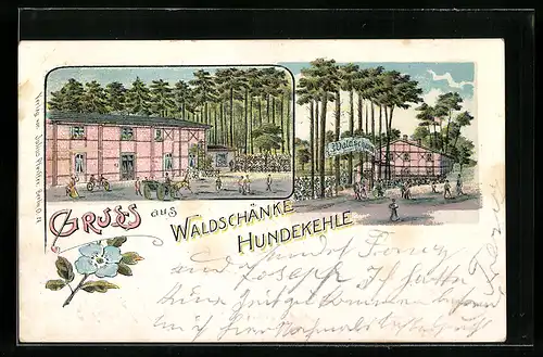 Lithographie Berlin-Grunewald, Blick auf Waldschänke Hundekehle