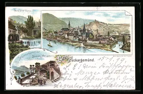 Lithographie Neckargemünd, Gesamtansicht, Weinrestaurant zur Stadt Athen, Terrasse