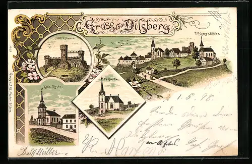 Lithographie Dilsberg, Schlossruine, Kath. Kirche, Ev. Kirche