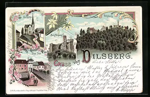 Lithographie Dilsberg, Ev. Kirche, Burg, Thor