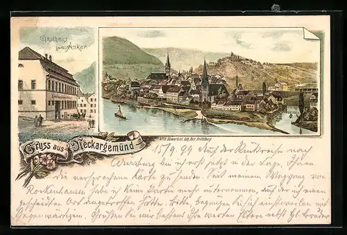 Lithographie Neckargemünd, Gasthaus zum Anker, Ortsansicht
