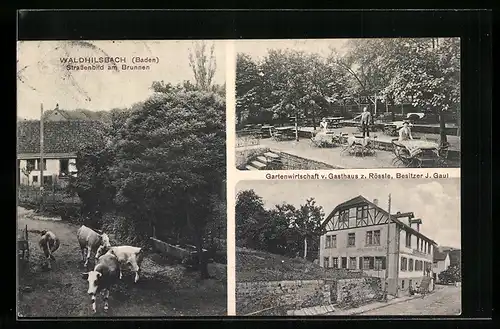 AK Waldhilsbach /Baden, Gartenwirtschaft u. Gasthaus z. Rössle, Bes. J. Gaul, Strassenbild am Brunnen