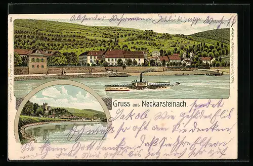 Lithographie Neckarsteinach, Ortsansicht mit Dampfer