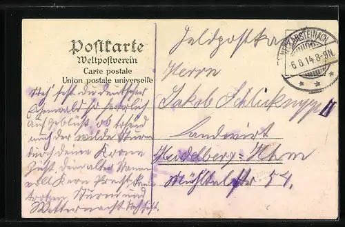 Lithographie Neckarsteinach, Ortsansicht mit Dampfer