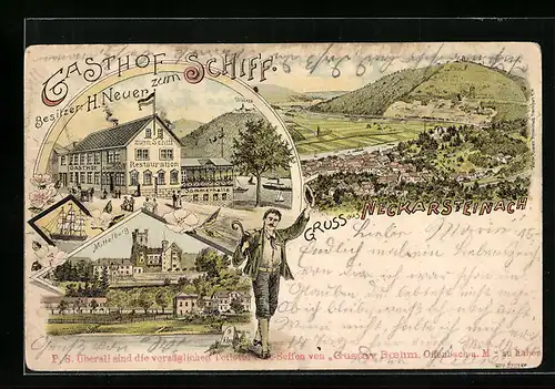 Lithographie Neckarsteinach, Restaurant zum Schiff, Teilansicht, Mittelburg