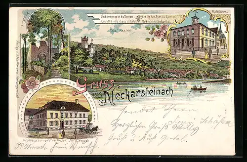 Lithographie Neckarsteinach, Gasthaus zum goldnen Hirsch, Inh. W. Rensch