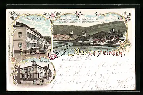 Lithographie Neckarsteinach, Gasthaus zur Harfe, Rathaus, Ortsansicht