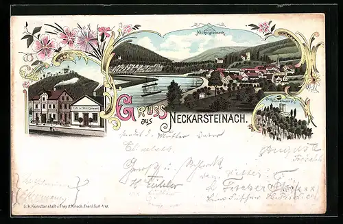Lithographie Neckarsteinach, Pension u. Restauration z. Schwalbennest, Ortsansicht