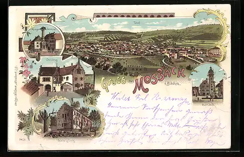 Lithographie Mosbach i. Baden, Kriegerdenkmal, Schloss, Gustavsburg, Rathaus