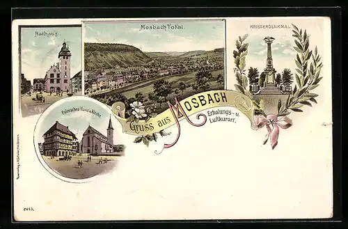 Lithographie Mosbach, Rathaus, Palmsches Haus u. Kirche, Kriegerdenkmal