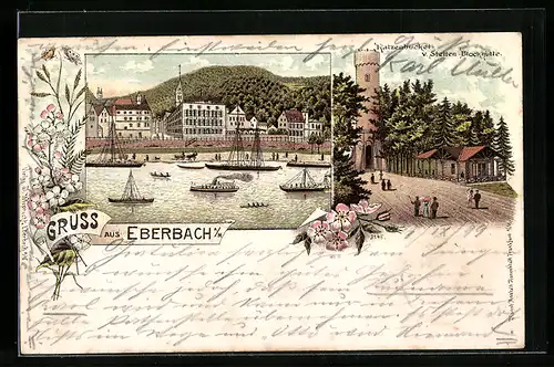 Lithographie Eberbach a. N., Katzenbuckel, v. Stetten-Blockhütte, Ortsansicht