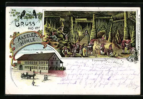 Lithographie Hasel, Gasthaus zur Erdmannshöhle, Zwerge in der Fürstengruft