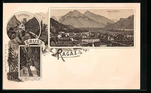 Lithographie Ragaz, Teilansicht mit Bädern, Taminaschlucht