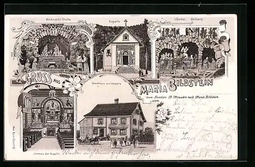 Lithographie Maria Bildstein, Gasthaus zur Kapelle, Innenansicht Kapelle, Weihnacht Grotte